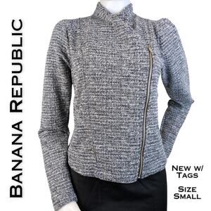 Banana Republic Crop Blazer Small Black Gray Metallic Knit Zip Front Uptown NEW